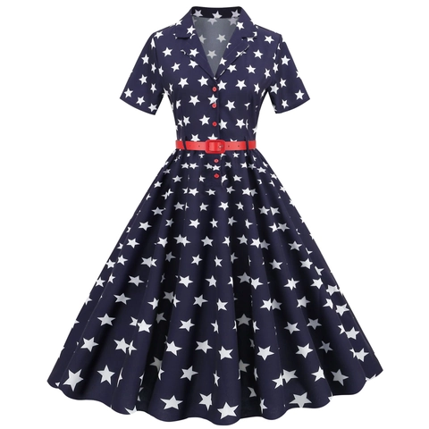 Women's Vintage Independence Day American Flag Print Midi Dress Hepburn Style High Waist Polyester Shirt Dress With Belt