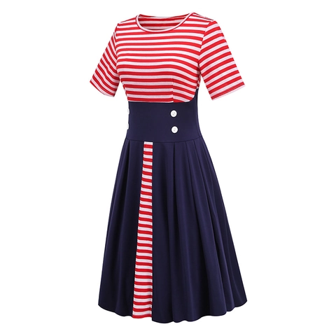 Vintage Navy Style Women Short Sleeve A-Line Dress Striped Patchwork High Waist Decorative Buttons Independence Day Party Dress