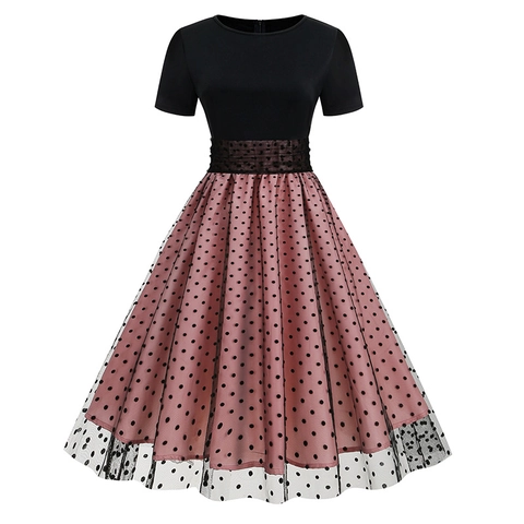 Vintage Polka Dot Mesh Patchwork Midi Dress For Women Audrey Hepburn Style Round Neck Short Sleeve A-Line Elegant Party Cocktail Dress