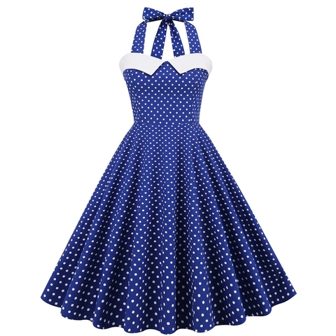 Robe Vintage à Pois pour Femmes Dos Nu Halter Style Audrey Hepburn Années 50 Rockabilly Ample Ligne A Fête Été Coton