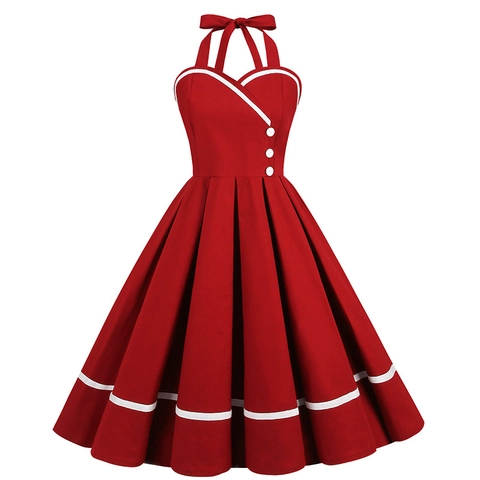 Women's 50s Vintage Halter Polka Dot Swing Dress Audrey Hepburn Style A-Line Retro Rockabilly Party Midi Sun Dress