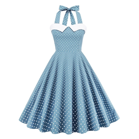 Robe Vintage à Pois pour Femmes Dos Nu Halter Style Audrey Hepburn Années 50 Rockabilly Ample Ligne A Fête Été Coton