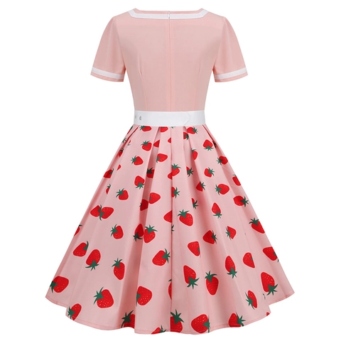 Women Vintage V Neck Short Sleeve Midi Dress With Belt Strawberry Cherry Print Rockabilly Swing A-Line Dress 100% Polyester