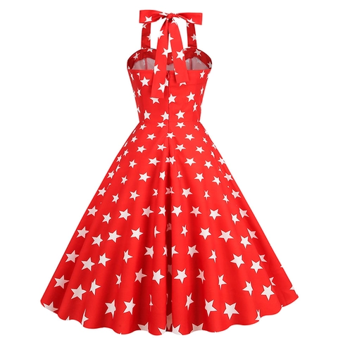 Robe Trapèze Halter Vintage Pour Femmes Imprimé Étoiles Style Hepburn Dos Nu Cocktail Midi Avec Nœud Papillon