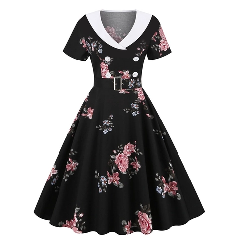 Vintage Hepburn Style Floral V Neck Short Sleeve A-Line Swing Dress For Women Elegant Retro Party Midi Flare Dress With Belt