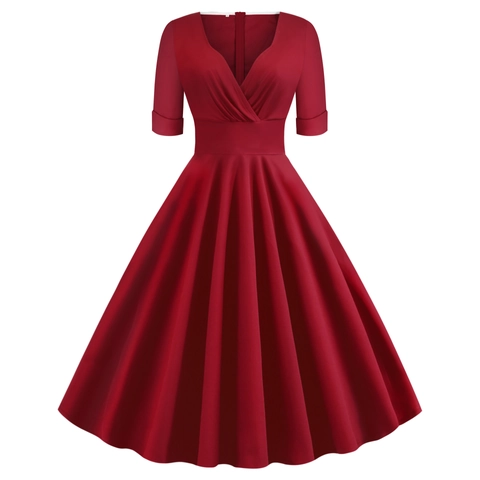 Women Vintage V-Neck Hepburn Style Midi Dress 1950s Retro Short Sleeve A-Line Pleated Swing Cocktail Party Solid Color Elegant Dress