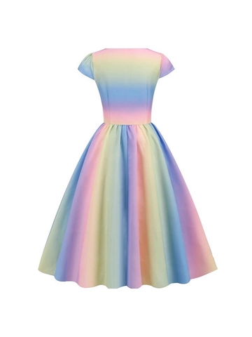 Vestido de Línea A Estilo Hepburn Vintage para Mujer Degradado Arcoíris Manga Corta Cuello Redondo Plisado Swing Midi Casual