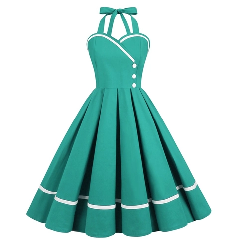 Women's 50s Vintage Halter Polka Dot Swing Dress Audrey Hepburn Style A-Line Retro Rockabilly Party Midi Sun Dress