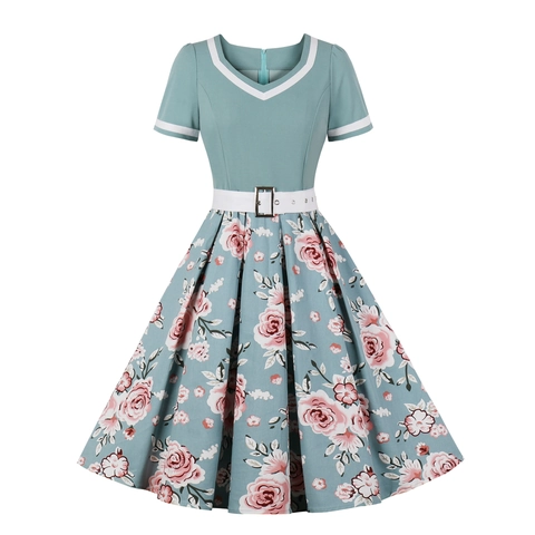 Vestito da Donna Vintage Rockabilly a Linea A Manica Corta Scollo a V Pois Stampa Floreale Retro Midi Swing Party E Cintura