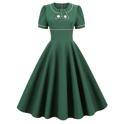 Women's Vintage 1950s Hepburn Style Midi Dress Short Sleeve Contrast Trim Round Neck A-Line Swing Large Hem Party Dress