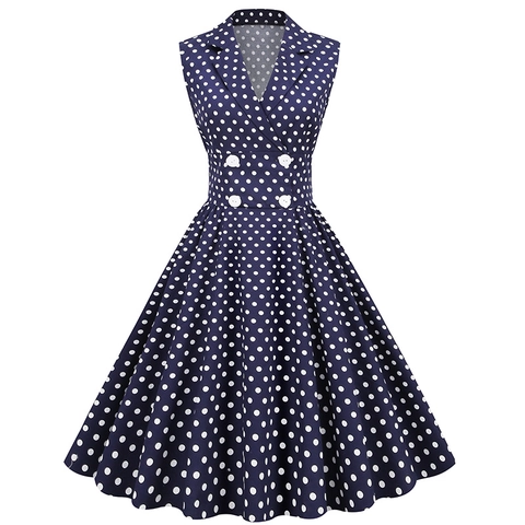 Vestito Midi da Donna Stile Vintage Hepburn Senza Maniche con Revers Doppiopetto Pois Elegante Gonna a Trapezio in Misto Cotone per Feste