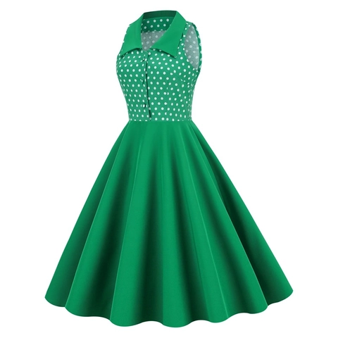 Vestido Midi Estilo Hepburn Vintage Sin Mangas con Solapa de Lunares Verde Mujer Mezcla Algodón Línea A Fiesta Cóctel