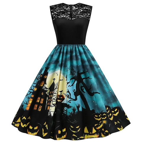 Γυναικείο Φόρεμα Midi Α-γραμμής Halloween με Δαντέλα Patchwork Ρετρό Αμάνικο Εκτύπωση Κολοκύθας Νυχτερίδας για Πάρτι