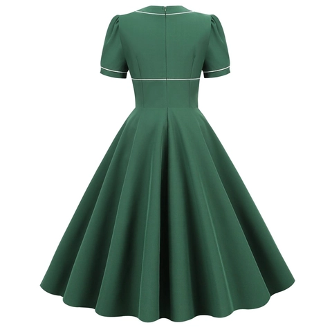 Women's Vintage 1950s Hepburn Style Midi Dress Short Sleeve Contrast Trim Round Neck A-Line Swing Large Hem Party Dress