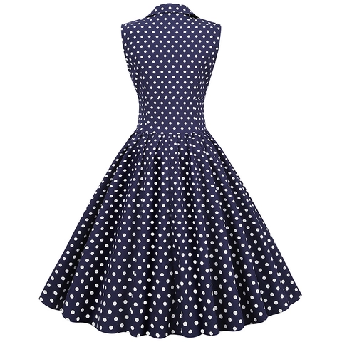 Vestito Midi da Donna Stile Vintage Hepburn Senza Maniche con Revers Doppiopetto Pois Elegante Gonna a Trapezio in Misto Cotone per Feste