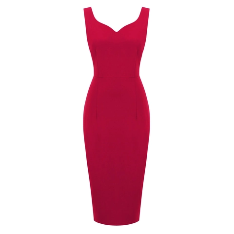 Vintage Solid Color Bodycon Midi Dress For Women Elegant Sweetheart Neckline Sleeveless Slim Fit Polyester Pencil Dress