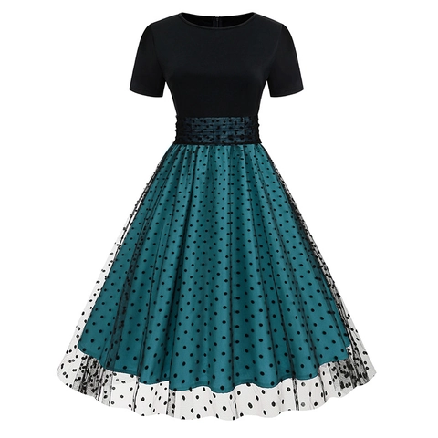Vintage Polka Dot Mesh Patchwork Midi Dress For Women Audrey Hepburn Style Round Neck Short Sleeve A-Line Elegant Party Cocktail Dress