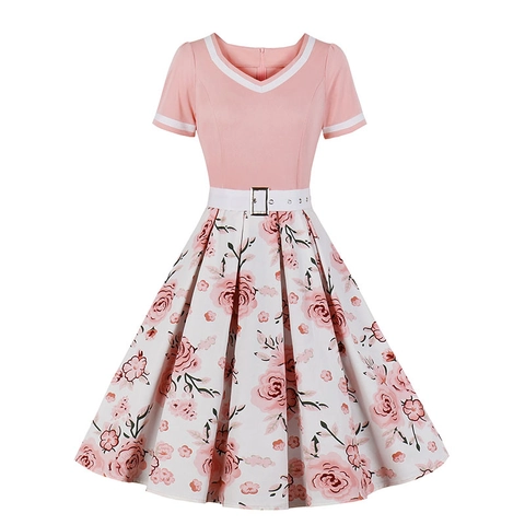 Vestito da Donna Vintage Rockabilly a Linea A Manica Corta Scollo a V Pois Stampa Floreale Retro Midi Swing Party E Cintura