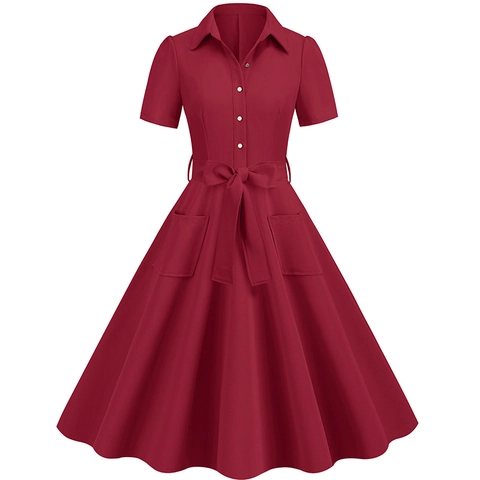 Abito da Donna Retro Vintage a Camicia Manica Corta Revers Monopetto a Trapezio Midi Con Cintura Tasche Misto Cotone