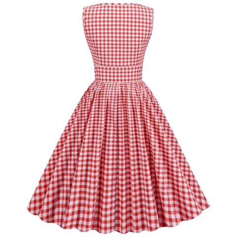 Women Vintage Gingham Sleeveless A-Line Midi Dress Retro Round Neck Flare Rockabilly Party Dress Cotton Blend Sundress