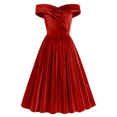 Vintage Damen Off Shoulder Samt Midikleid Retro 1950er Elegant A Linie Party Abendkleid Tailliert Einfarbig Kleid