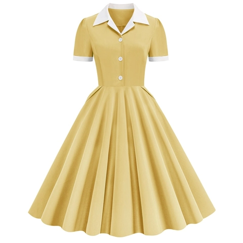 Vestito Midi da Donna in Misto Cotone Stile Vintage Anni 50 Hepburn Colletto a Contrasto Manica Corta Bottone a Linea con Ampia Gonna Pieghettata