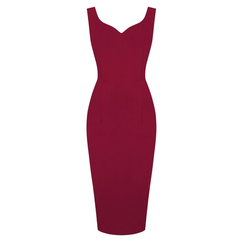 Vintage Solid Color Bodycon Midi Dress For Women Elegant Sweetheart Neckline Sleeveless Slim Fit Polyester Pencil Dress