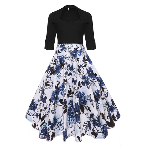 Robe Mi-longue Vintage Patchwork Floral pour Femmes Style Hepburn Rétro Mélange de Coton Ligne A Col Carré avec Revers Manches Mi-longues