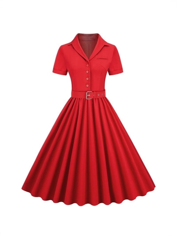Vintage Audrey Hepburn A-lijn Jurk Katoenmix Knopen Riem Midi Swing Jurk Korte Mouw Reverskraag Dames