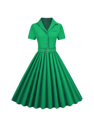 Vintage Audrey Hepburn A-lijn Jurk Katoenmix Knopen Riem Midi Swing Jurk Korte Mouw Reverskraag Dames
