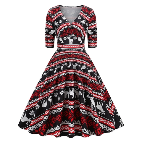 Women Vintage Christmas Print V-Neck A-Line Midi Dress Elegant Polyester Long Sleeve Retro Festive Party Skater Dress
