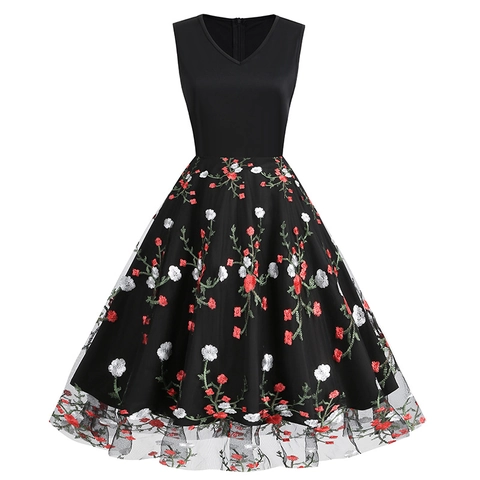 Vestido Midi Vintage Sin Mangas Cuello en V Bordado Floral Mujer Elegante Vestido Línea A Fiesta Noche Negro Vestido de Cóctel