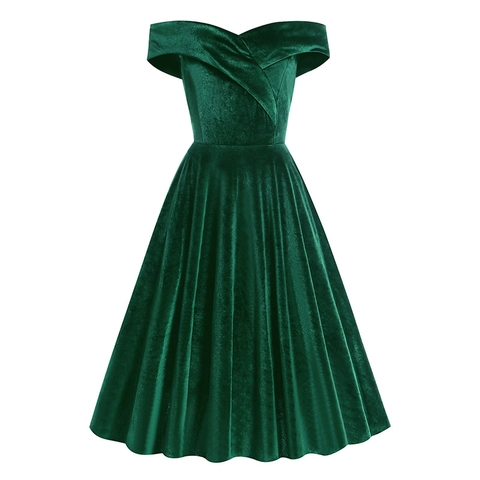 Vintage Damen Off Shoulder Samt Midikleid Retro 1950er Elegant A Linie Party Abendkleid Tailliert Einfarbig Kleid