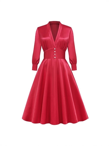 Abito Longuette in Raso con Scollo a V Retro Francese da Donna Elegante a Trapezio Rosso a Maniche Lunghe con Bottoni di Künstliche Perle
