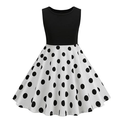 Robe sans Manches à Pois Vintage pour Filles Contraste Noir Col Rond Ligne A Robe Princesse pour Enfants