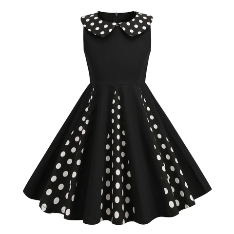 Vestido Sin Mangas de Lunares Vintage para Niñas Con Cuello Peter Pan Mezcla de Algodón Estilo Hepburn Vestido de Princesa de Fiesta