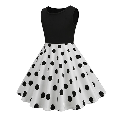 Robe sans Manches à Pois Vintage pour Filles Contraste Noir Col Rond Ligne A Robe Princesse pour Enfants