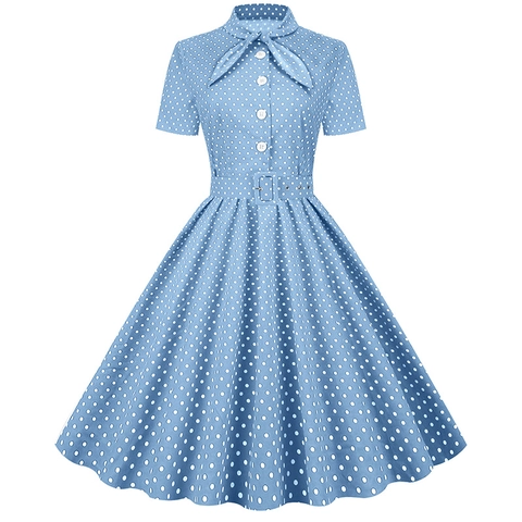 Robe Midi Vintage à Pois des Années 1950 pour Femmes Avec Ceinture Rétro Manches Courtes Nœud Trapèze de Fête