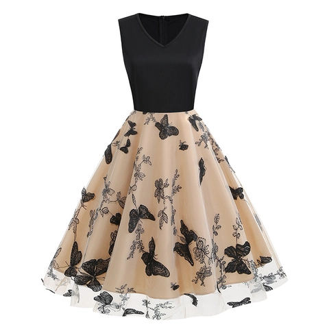 Abito Midi Vintage da Donna Senza Maniche con Scollo a V Ricamo in Maglia Farfalla Pipistrello Stampa Halloween Party Retro A-Line