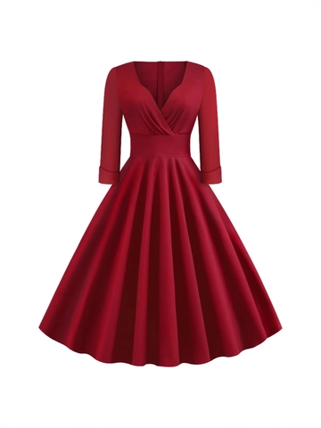 Abito Midi a Trapezio Vintage Scollo a V Donna Maniche 3/4 Vestibilità Slim Misto Cotone Retrò Stile Hepburn Tinta Unita