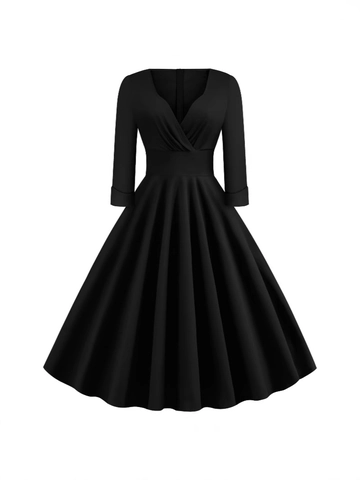 Abito Midi a Trapezio Vintage Scollo a V Donna Maniche 3/4 Vestibilità Slim Misto Cotone Retrò Stile Hepburn Tinta Unita