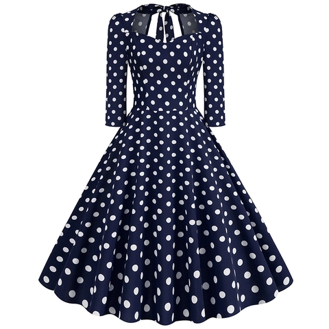 Robe Femme Rétro à Pois Encolure en Cœur Manches 3/4 Ligne A Nœud au Dos Années 50 Hepburn Vintage Rockabilly Fête Robe Midi