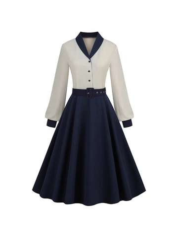 Abito Midi Patchwork Vintage Anni '50 Manica Lunga Scollo a V Linea a A Elegante con Cintura per Ufficio Festa Donna