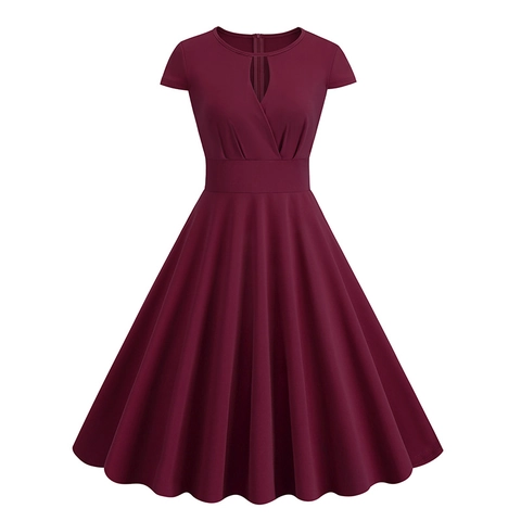 Robe Midi Trapèze Vintage à Col en V pour Femmes Manches Courtes Élégante Couleur Unie Taille Haute Rétro Soirée