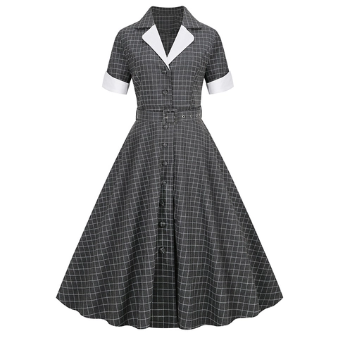 Women Vintage Plaid Midi Dress Short Sleeve Contrast Lapel Collar A-Line Swing Belted Slimming Retro 50s Style Elegant Dress