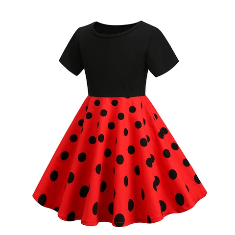 Girls Vintage Polka Dot Patchwork Dress Short Sleeve Crew Neck High Waist A-Line Retro Summer Party Dresses For Kids