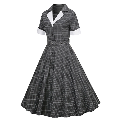 Women Vintage Plaid Midi Dress Short Sleeve Contrast Lapel Collar A-Line Swing Belted Slimming Retro 50s Style Elegant Dress