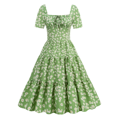 French Retro Square Neck Daisy Floral Print Short Sleeve Tiered Midi Dress For Women Summer Casual Holiday A-Line Cake Skirt
