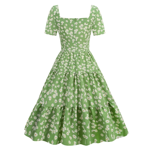 French Retro Square Neck Daisy Floral Print Short Sleeve Tiered Midi Dress For Women Summer Casual Holiday A-Line Cake Skirt