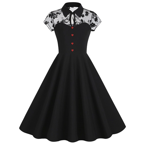 Γυναικείο Βίντατζ Φόρεμα Hepburn 1950s A-Line Πλέγμα Patchwork Κουμπιά Καρδιά Πουά Ανθικό Φύλλο Εκτύπωση Κοντό Μανίκι Πάρτι Midi